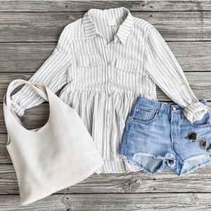 By Together Striped Babydoll Tiered Tunic Top Button-Down Oversized Small Casual